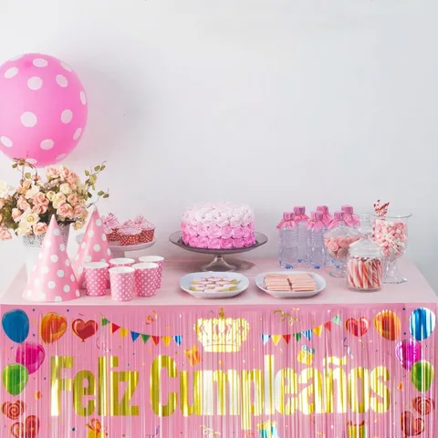 Plastic Birthday Tinsel Fringe Curtain Banner Spanish Feliz Cumpleanos Happy Birthday Wall Backdrop Table Skirt Tassel Supplies