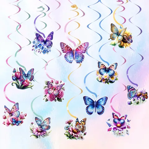 Spirales Suspendues Décorations de Fête de Printemps Thème Papillon et Fleur Impression Recto-Verso Décor de Plafond pour Mariage Anniversaire