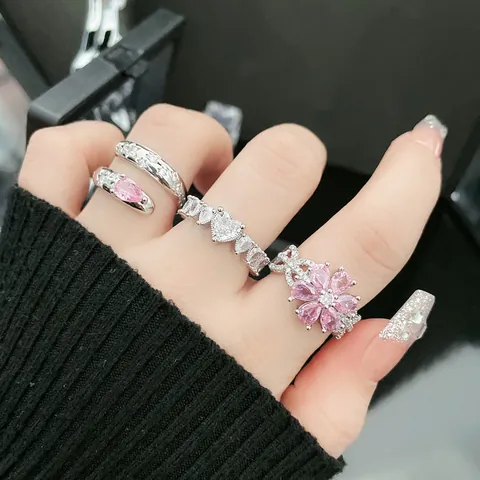 Sweet Cool Pink Zirconia Flower Open Ring For Women Trendy Copper Full Diamond Heart Adjustable Finger Ring Light Luxury Jewelry Gift