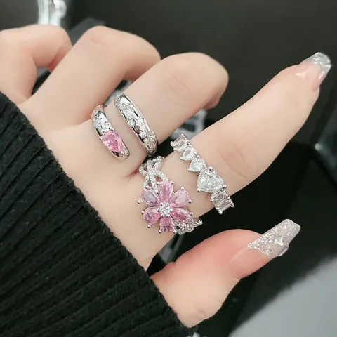 Sweet Cool Pink Zirconia Flower Open Ring For Women Trendy Copper Full Diamond Heart Adjustable Finger Ring Light Luxury Jewelry Gift