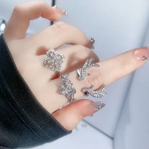 Adjustable Copper Zirconia Open Ring For Women Silver Color Pavé Four Leaf Clover Antler Finger Ring Fashion Jewelry