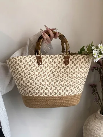 Bolso de Mano de Paja Tejida para Mujer de Gran Capacidad Con Asa de Bambú Natural Verano Playa Vacaciones Compras Bolso de Hombro Tejido