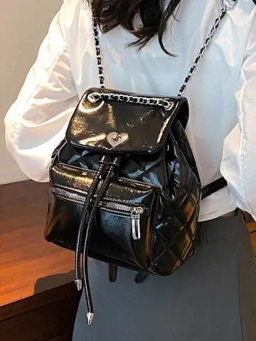 Sac à Dos Femme Mode en Cuir PU Matelassé Décoration de Chaîne Fermeture Lquet Coeur Cordon Voyage Sac à Dos Chic