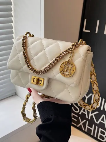 Lussuosa Borsa a Tracolla Trapuntata per Donna Borsa a Spalla in Pelle PU con Catena Dorata Classica Borsa a Tracolla Quadrata Con Chiusura in Metallo