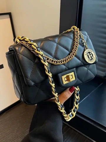 Lussuosa Borsa a Tracolla Trapuntata per Donna Borsa a Spalla in Pelle PU con Catena Dorata Classica Borsa a Tracolla Quadrata Con Chiusura in Metallo