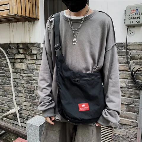 Large Capacity Techwear Messenger Bag Canvas Crossbody Bag For Men Women Streetwear Hip Hop School Bag Work Utility Bag Black