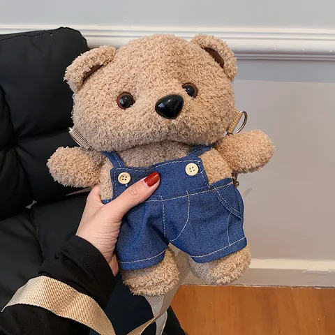 Cute Cartoon 3D Plush Bear Crossbody Bag For Women Kawaii Teddy Bear Shoulder Bag With Denim Overalls Soft Plush Animal Shaped Bag Khaki