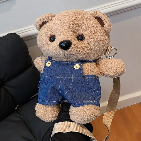 Cute Cartoon 3D Plush Bear Crossbody Bag For Women Kawaii Teddy Bear Shoulder Bag With Denim Overalls Soft Plush Animal Shaped Bag Khaki