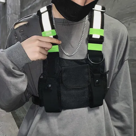 Hip Hop Techwear Multi Pocket Tactical Chest Rig Bag Functional Reflective Vest Waist Bag Nylon Streetwear Harness Chest Pack For Men Women