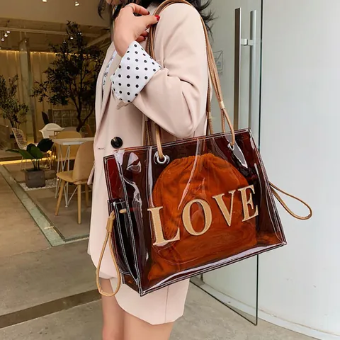 Bolso Tote de PVC Transparente de Moda para Mujer Gran Capacidad Marrón Rojizo Ámbar Bolso de Hombro Con Bolsa Interior Letra LOVE