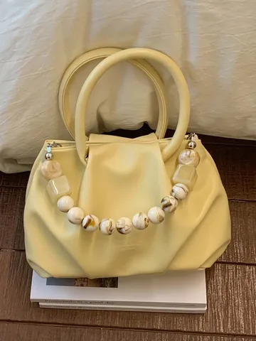 Women Trendy Pleated Cloud Handbag PU Leather Resin Bead Handle Crossbody Shoulder Bag Minimalist Fashion Commuter Daily Purse