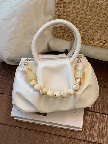 Women Trendy Pleated Cloud Handbag PU Leather Resin Bead Handle Crossbody Shoulder Bag Minimalist Fashion Commuter Daily Purse
