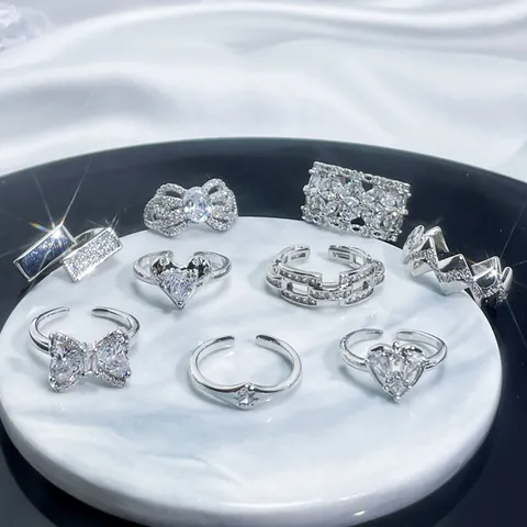 Fashion Copper Zirconia Open Ring For Women Adjustable Full Diamond Bowknot Heart Geometric Finger Ring Light Luxury Jewelry Gift
