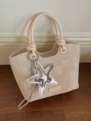 Vintage Women Bucket Bag PU Leather Tote Handbag Star Charm Shoulder Crossbody Bag Grid Pattern Minimalist Elegant Satchel