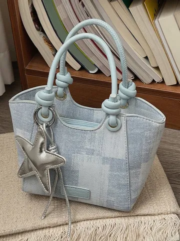 Vintage Women Bucket Bag PU Leather Tote Handbag Star Charm Shoulder Crossbody Bag Grid Pattern Minimalist Elegant Satchel
