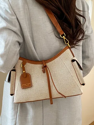 Bolso de Axila para Mujer de Gama Alta Conmutar Moda Versátil Cuero de PU Lona Patchwork Bolso de Hombro Cruzado Tote Minimalista