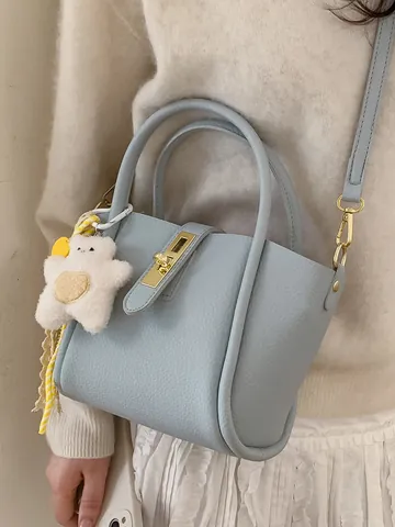 Borsa a Secchiello Retrò da Donna con Trama Litchi in Pelle PU Grande Capacità Borsa a Tracolla con Ciondolo Borsa a Mano alla Moda