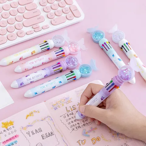 Cartoon Butterfly 10-In-1 Multi-Color Ballpoint Pen For Students Cute Press-Type Pen Set Sequin Decor Stationery Gift