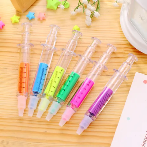 Creative Syringe Shape Highlighter Pen Needle Tube Fluorescent Pen Chisel Tip Office Student Stationery Marking Pen Multicolor Ink