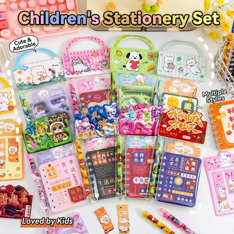Cartoon Portable Stationery Collection Notebook Gel Pen Bookmark Bag For Students Kids School Opening Reward Gift