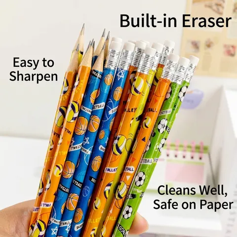 Cartoon Sports Theme Wooden HB Pencils With Eraser Top Multicolor Basketball Soccer Ball Prints Writing School Stationery For Kids Students