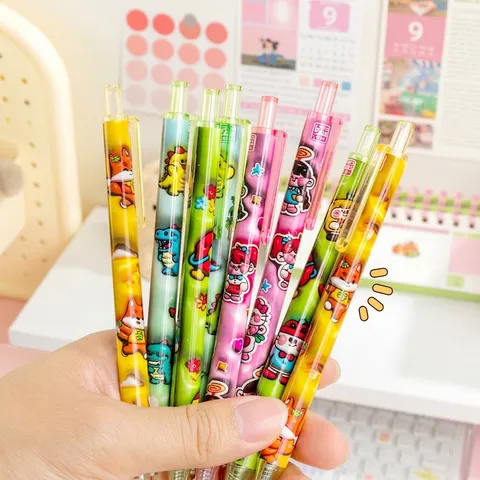 Cartoon Retractable Gel Pen 0.5mm Black Ink Fast Drying Cute Animal Dinosaur Fox Pattern Smooth Writing Student Office Stationery