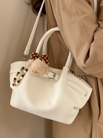 Borsa Tote Minimalista in Pelle PU da Donna Handbag Plissettata Con Fibbia della Cintura Chiusura Magnetica Borsa a Tracolla Con Ciondolo in Peluche Opzionale
