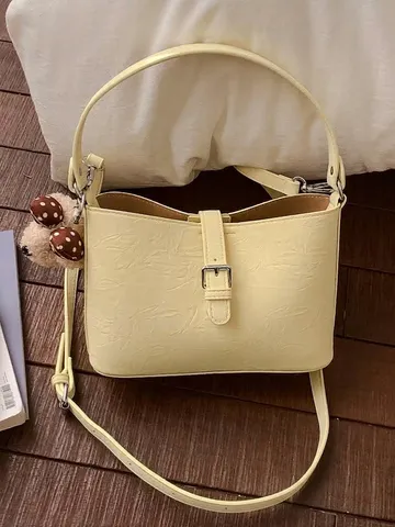 Moda Donna Borsa a Secchiello in Pelle PU Minimalista Sottospalla Borsa a Tracolla Con Pendente a Orsetto Elegante Borsa a Mano