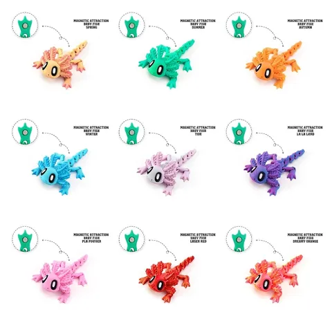 3D Printed Articulated Axolotl Salamander Magnetic Fridge Magnet Movable Joints Desktop Ornament PLA Cute Figure Toy