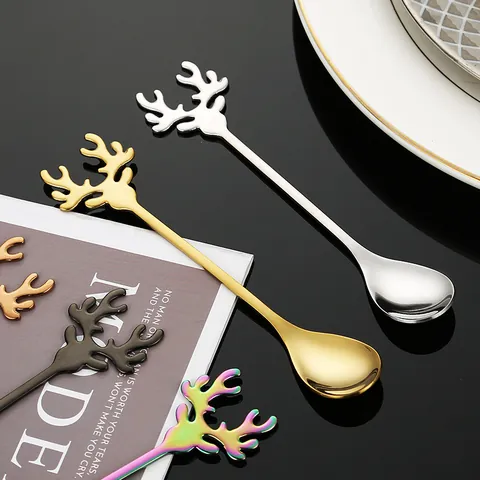 Creative Stainless Steel Christmas Deer Antler Spoon Coffee Stirring Spoons Dessert Cake Teaspoon Mirror Polished Dinnerware Gift Table Decoration