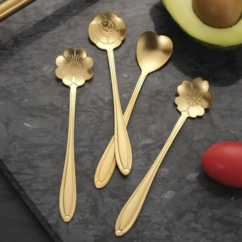 Stainless Steel Flower Heart Shape Coffee Stirring Spoon Gold Silver Mirror Polished Long Short Handle Small Dessert Spoon Tableware Wedding Party Gift