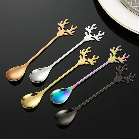 Creative Stainless Steel Christmas Deer Antler Spoon Coffee Stirring Spoons Dessert Cake Teaspoon Mirror Polished Dinnerware Gift Table Decoration