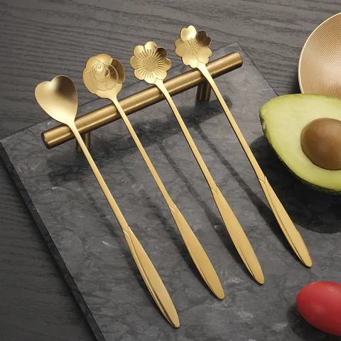 Stainless Steel Flower Heart Shape Coffee Stirring Spoon Gold Silver Mirror Polished Long Short Handle Small Dessert Spoon Tableware Wedding Party Gift
