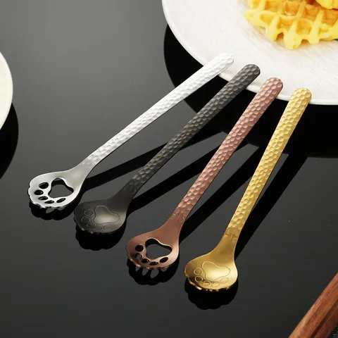 304 Stainless Steel Cat Paw Spoon Hammered Handle Creative Coffee Stirrer Ice Cream Dessert Spoon Solid Hollow Slotted Spoon Tableware