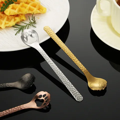 304 Stainless Steel Cat Paw Spoon Hammered Handle Creative Coffee Stirrer Ice Cream Dessert Spoon Solid Hollow Slotted Spoon Tableware