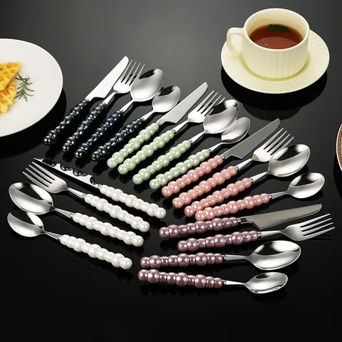 304 Stainless Steel Ceramic Pearl Handle Dinnerware Set Mirror Polished Steak Knife Fork Coffee Spoon Creative Elegant Cutlery
