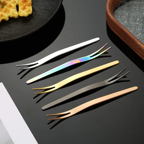 Stainless Steel Fruit Fork Two-Prong Dessert Cake Fork Polished Metal Fruit Stick For Mooncake Pastry Salad Home Kitchen Restaurant Party