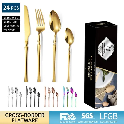 Stainless Steel Cutlery Set Mirror Polished Dinnerware Set Slim Handle Steak Knife Fork Spoon Set With Gift Box Modern Kitchen Tableware