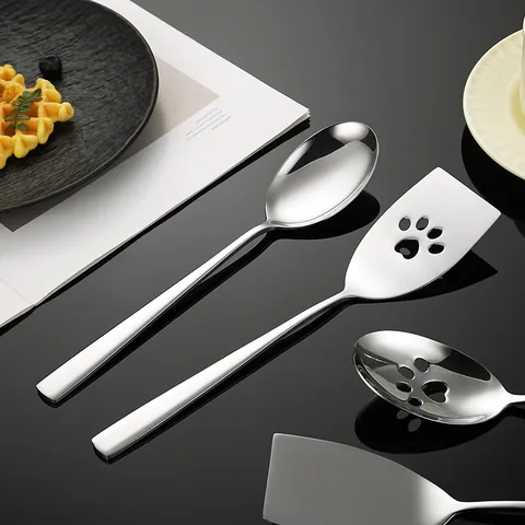 Modern 304 Stainless Steel Serving Spoon And Spatula Cutlery Creative Hollow Cat Paw Food Buffet Serving Ladle Slotted Turner Steak Shovel For Hotel Banquet Home Dining Silver