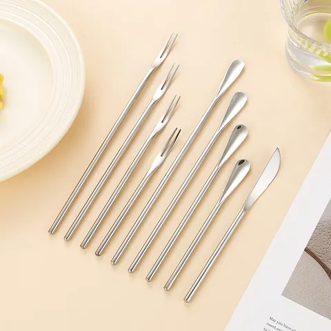304 Stainless Steel Long Handle Stirring Spoon Fruit Fork Dessert Knife Mirror Polished Coffee Stirrer Cutlery For Home Cafe