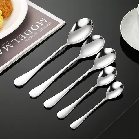 Cuchara de Acero Inoxidable 1010 para el Hogar Cuchara de Sopa Redonda Cuchara de Postre Mango Largo Cuchara de Café Vajilla Cuchara Pequeña para Niños