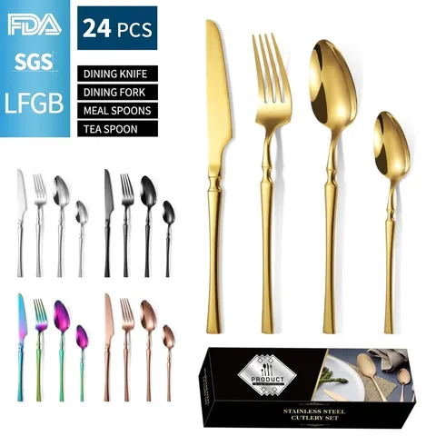 Stainless Steel Cutlery Set Mirror Polished Dinnerware Set Slim Handle Steak Knife Fork Spoon Set With Gift Box Modern Kitchen Tableware