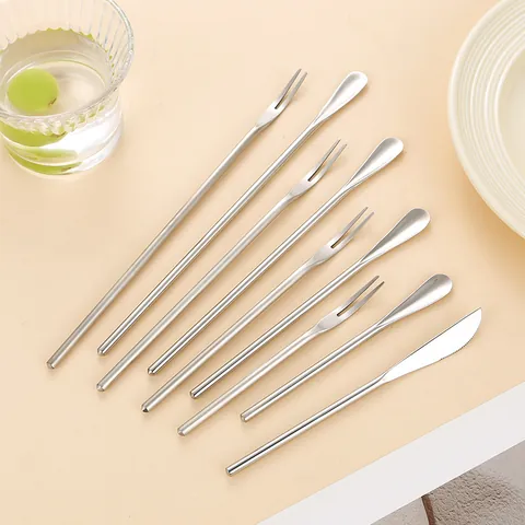 304 Stainless Steel Long Handle Stirring Spoon Fruit Fork Dessert Knife Mirror Polished Coffee Stirrer Cutlery For Home Cafe