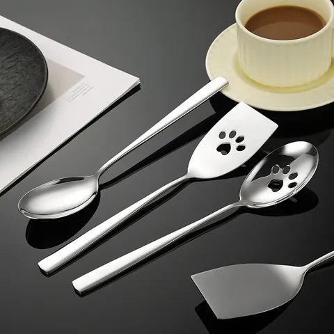 Modern 304 Stainless Steel Serving Spoon And Spatula Cutlery Creative Hollow Cat Paw Food Buffet Serving Ladle Slotted Turner Steak Shovel For Hotel Banquet Home Dining Silver