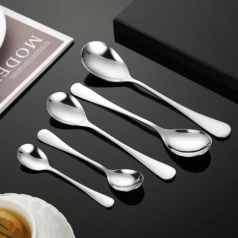 Cuchara de Acero Inoxidable 1010 para el Hogar Cuchara de Sopa Redonda Cuchara de Postre Mango Largo Cuchara de Café Vajilla Cuchara Pequeña para Niños
