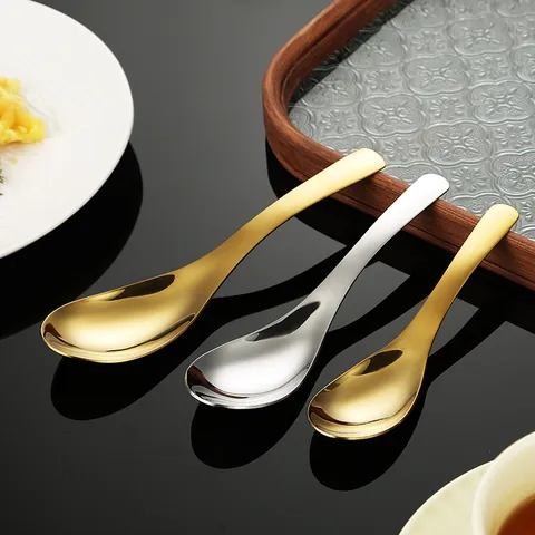 Cuchara de Sopa de Acero Inoxidable 304 Fondo Redondo Profundo Estilo Chino Pulido Espejo Cuchara de Postre Para Hogar Niños Oro Plata