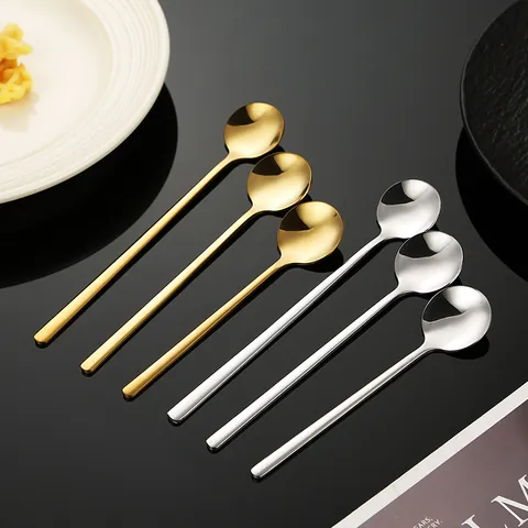 304 Stainless Steel Spoon Long Handle Round Head Dessert Coffee Stirring Spoon Mirror Polished Gold Silver Small Round Spoon For Honey Bird Nest