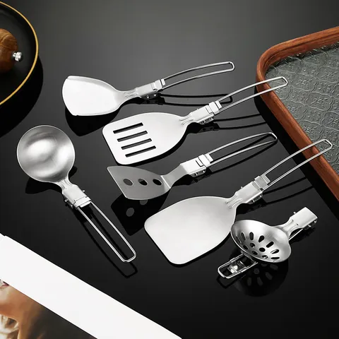 Ustensili da Cucina Pieghevoli in Acciaio Inossidabile 304 per Campeggio all'Aperto Spatola Portatile Mestolo Mestolo Forato Pala da Frittura