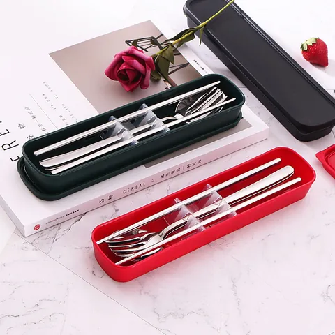 Portable 304 Stainless Steel Flatware Set With Storage Case Reusable Spoon Fork Chopsticks Travel Cutlery Set For Students Office Gift