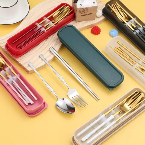 Portable Stainless Steel Travel Cutlery Utensils Reusable Spoon Fork Chopsticks With Case For Office School Camping Outdoor Tableware